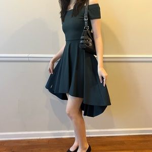 Off the shoulder high low midi forest green formal dress